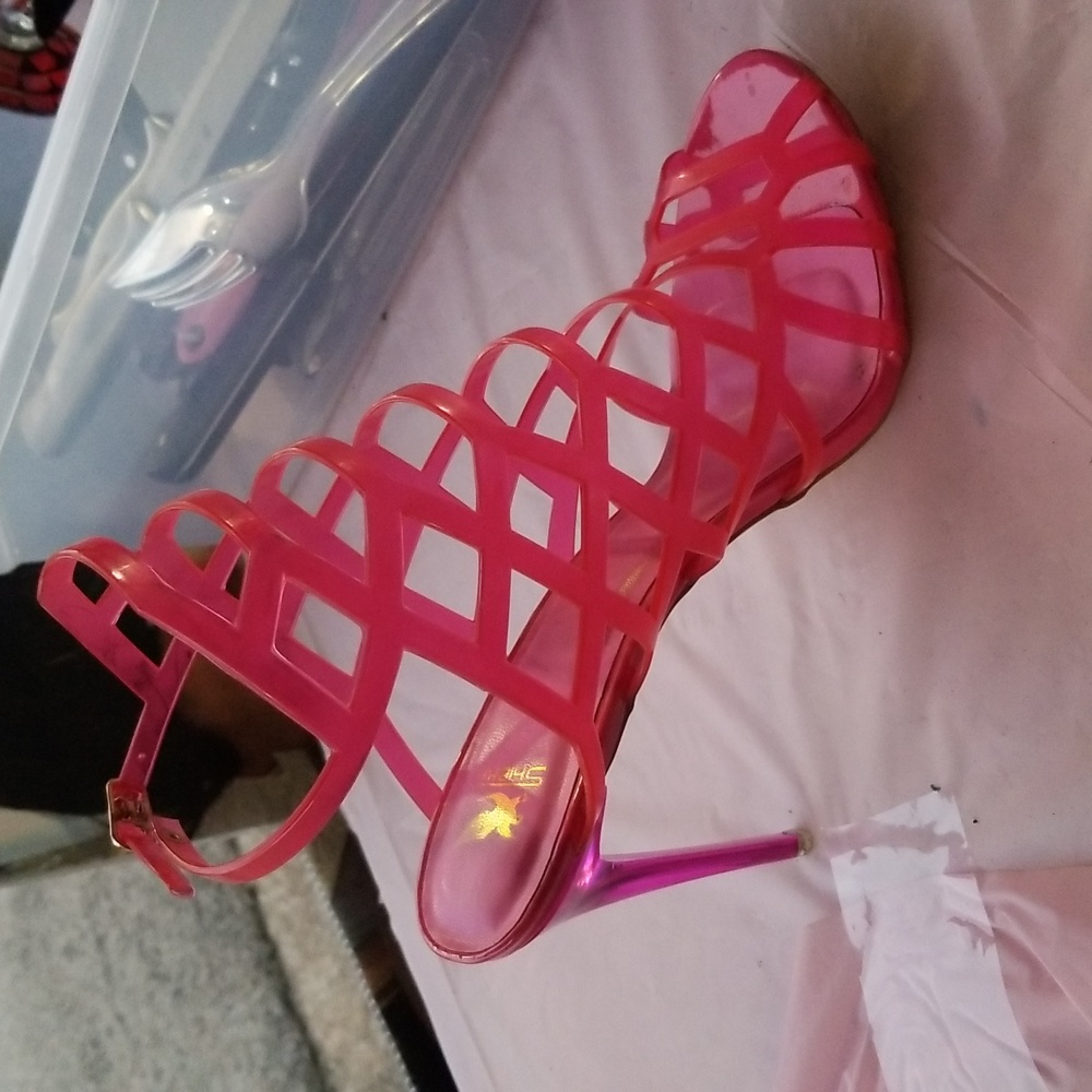 Pink iridescent strap heels